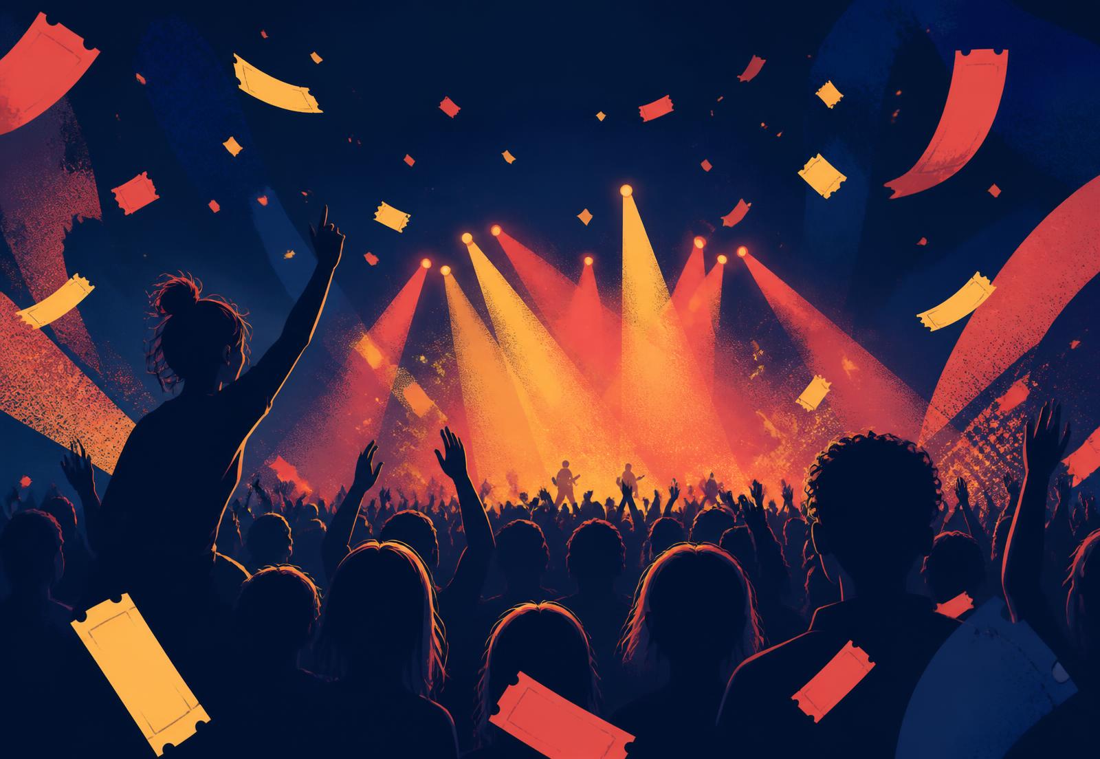 Foule de concert éclairée par des projecteurs, illustration PromoBillets